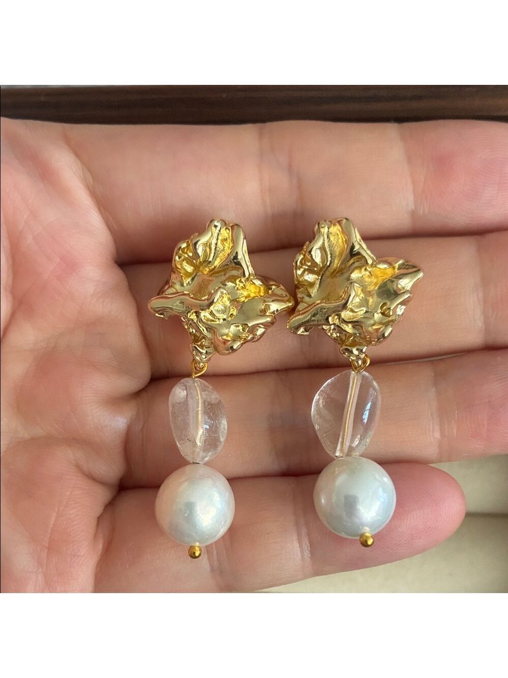 Sculptural Gold Pearl Crystal Statement Earrings - Picture 3 of 4